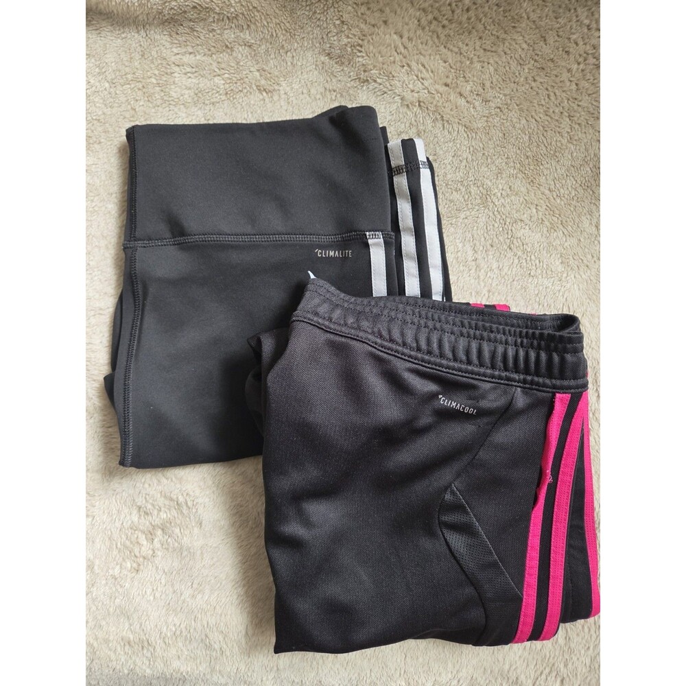 2 Adidas Women's Leggings Black 3 Stripe Pink Stretch Aeroready Medium High-Rise